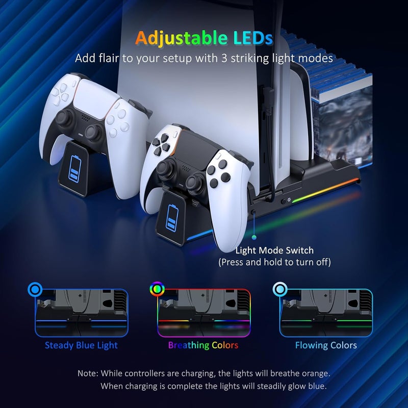 NEXIGO PS5 Silent Cooling Stand for Both PS5 and New PS5 Slim Consoles, RGB LED Light, Dual Charging Station, Compatible with Dual_Sense Edge Controller, Hard Drive, Headset and Remote Holder, Black - Image 3